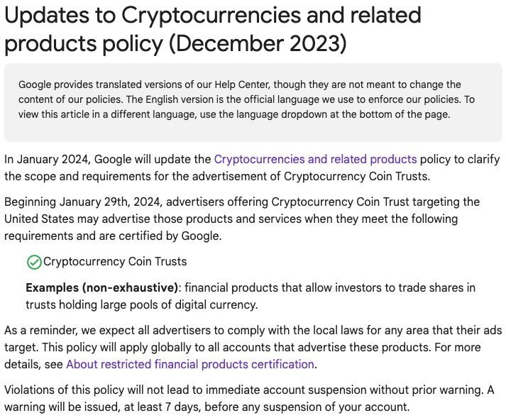 Google Memperbarui Kebijakan Iklan Aset Kripto, Izinkan Iklan Aset Kripto Di As Mulai Januari 2024
