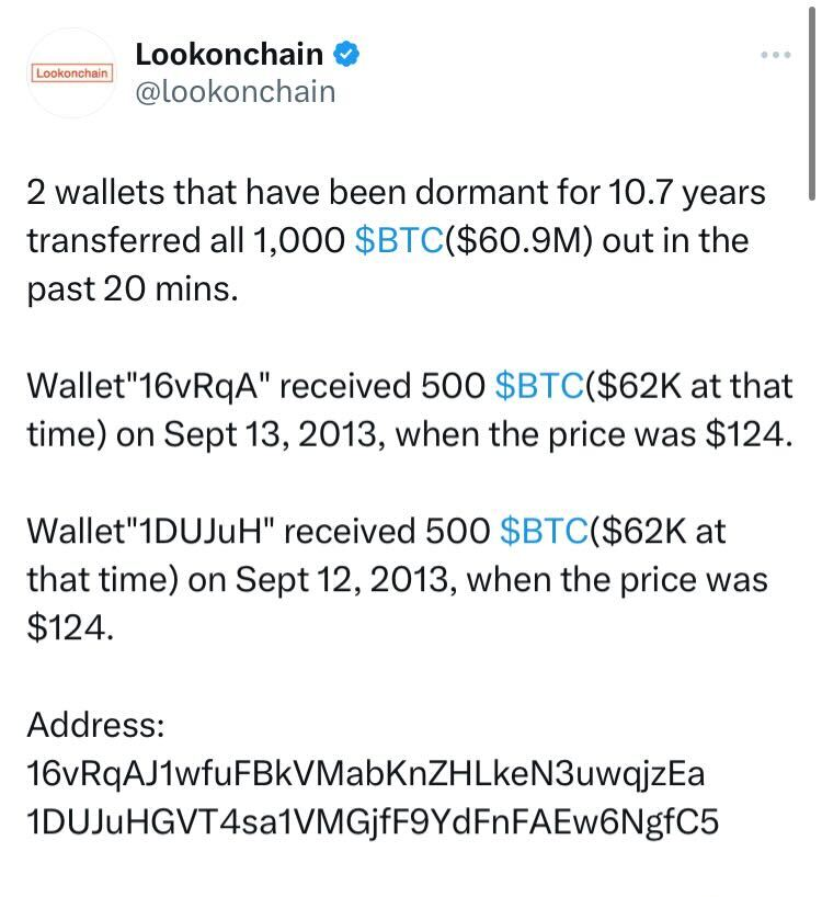 Wallet Whales Bitcoin Memindahkan $61 Juta Btc Setelah Satu Dekade Tidak Aktif