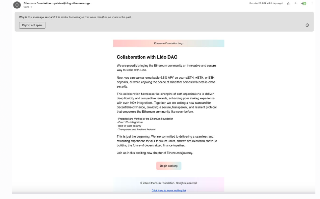 Email Ethereum Founding Diretas Untuk Mempromosikan Phishing Staking Lido
