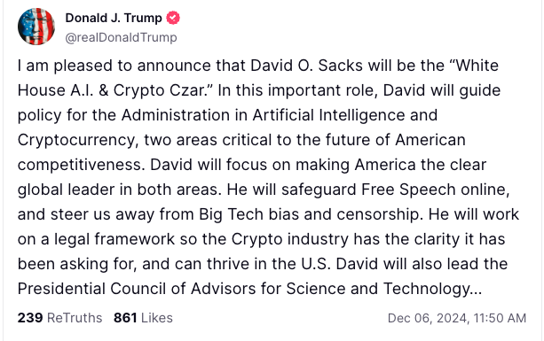 Donald Trump Tunjuk David Sacks Sebagai Penasihat Utama untuk AI dan Kripto