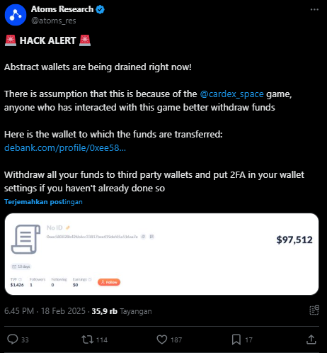 Abstract Chain Selidiki Kasus Drain Wallet Pengguna Terkait Cardex