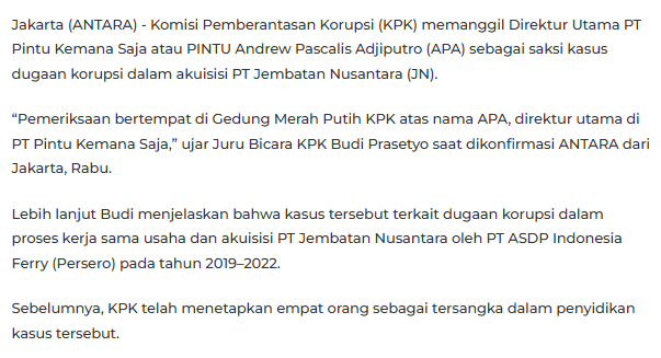 KPK Akan Periksa Dirut PINTU Terkait Dugaan Korupsi ASDP KPK Akan Periksa Dirut PINTU Terkait Dugaan Korupsi ASDP
