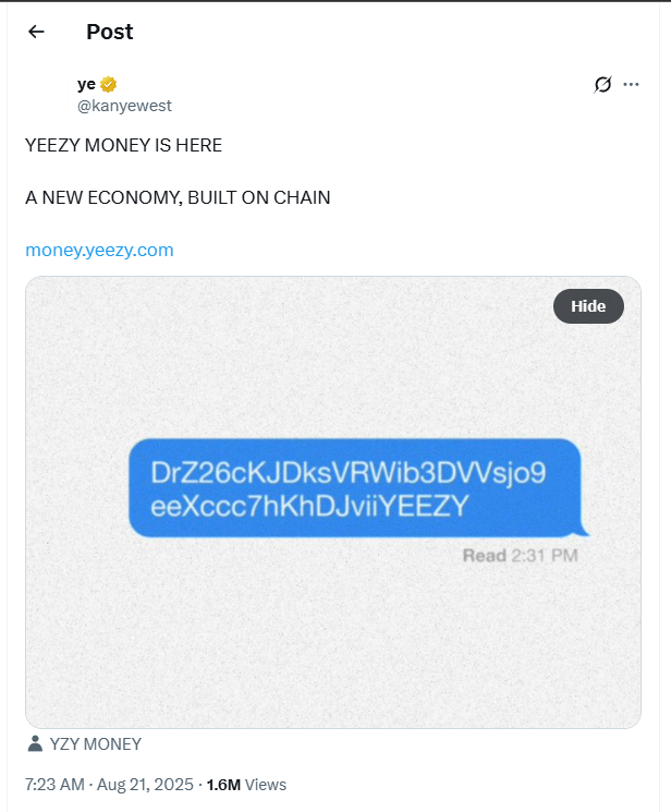 Memecoin Kanye West ($YZY) Raih US$3 Miliar dalam Waktu Singkat Memecoin Kanye West ($YZY) Raih US$3 Miliar dalam Waktu Singkat