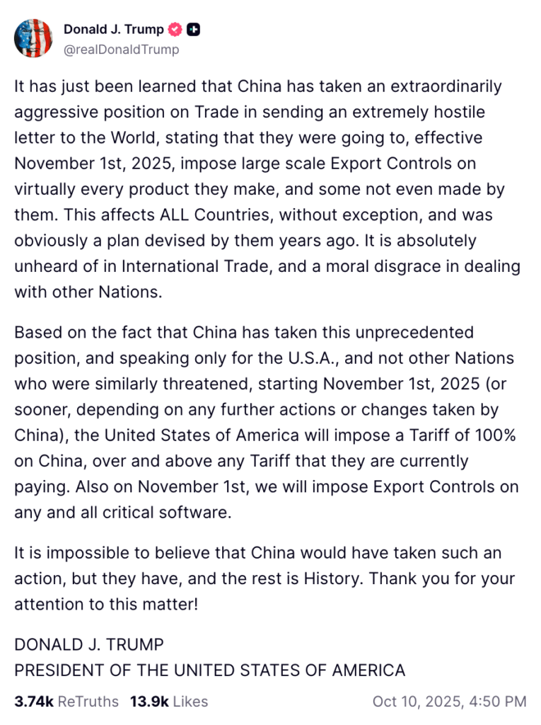 Trump Umumkan Tarif 100% untuk China, Harga Bitcoin Langsung Terjun Bebas! Trump Umumkan Tarif 100% untuk China, Harga Bitcoin Langsung Terjun Bebas!