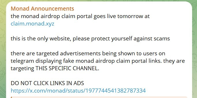 Baru Mau Klaim Airdrop Monad $MON? Jangan Klik Iklan Ini di Telegram! Baru Mau Klaim Airdrop Monad $MON? Jangan Klik Iklan Ini di Telegram!